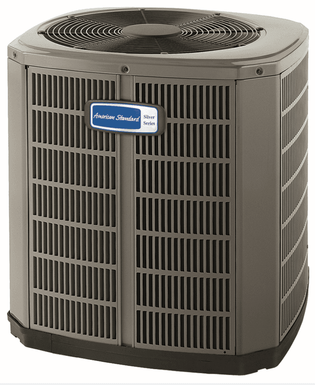 A dark gray heat pump with a blue American standard logo.