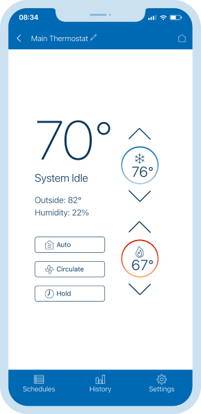 A smart phone displaying the current temperature onAmerican Standard home app. 