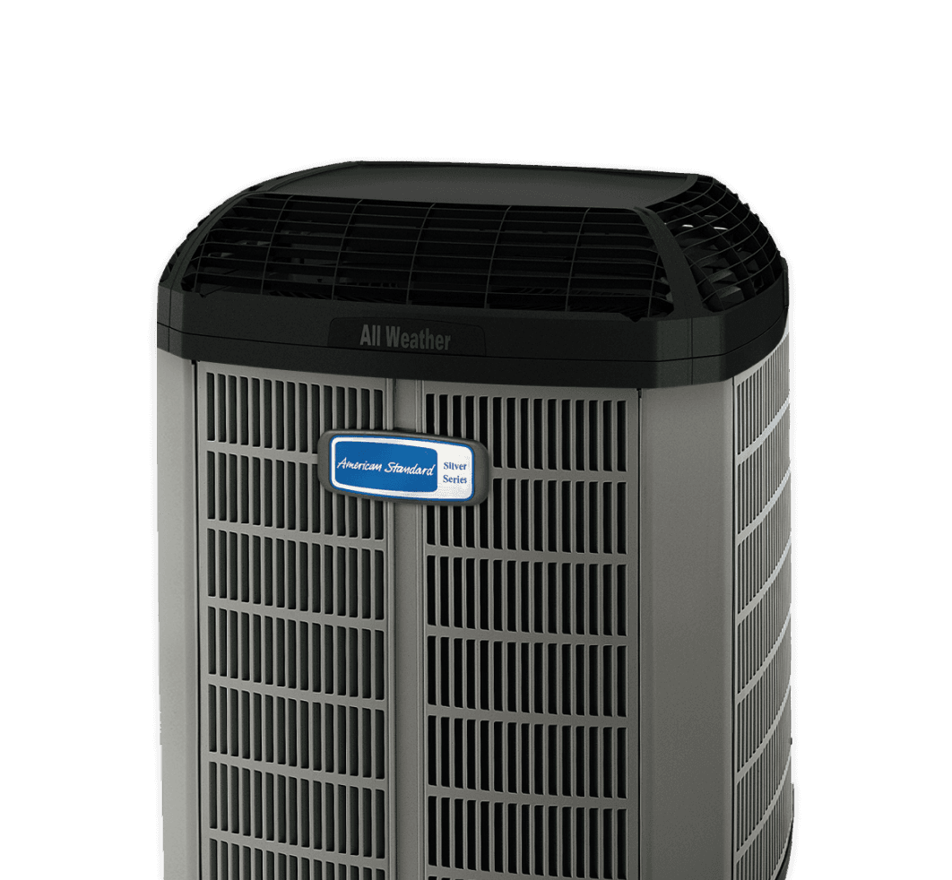 An American Standard heat pump with blue logo and black top.