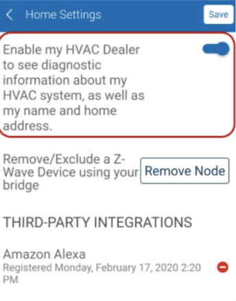 A red box highlights the setting to enable diagnostics with your HVAC dealer.