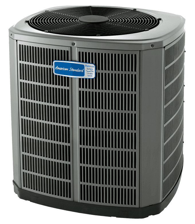 A gray AccuComfort Platinum 20 air conditoner unit with blue American Standard logo.