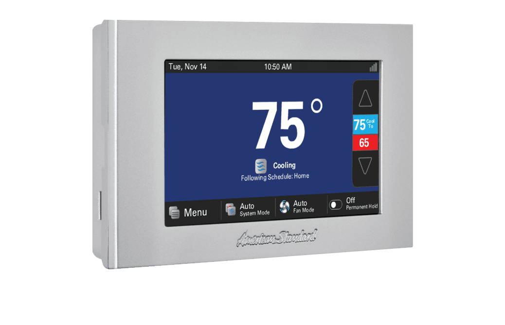 An gray American Standard smart thermostat controller with a blue background.