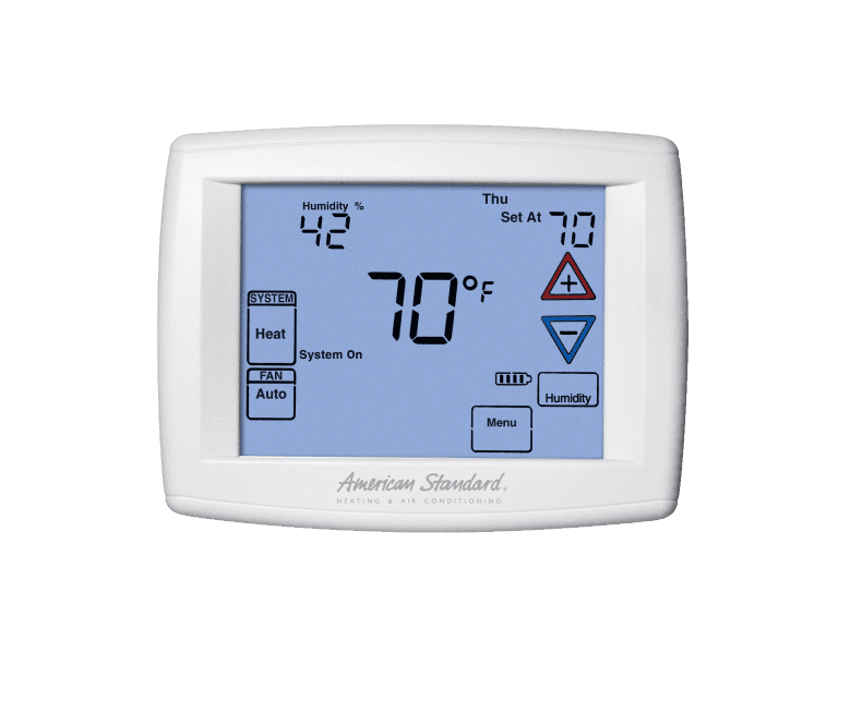 A traditional thermostat controller with light blue screen, white box, and light gray American Standard logo.